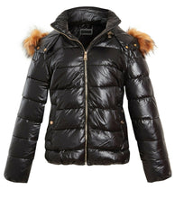 Load image into Gallery viewer, Womens Ladies Puffer Jacket Wet Look Faux Fur Coat - Black
