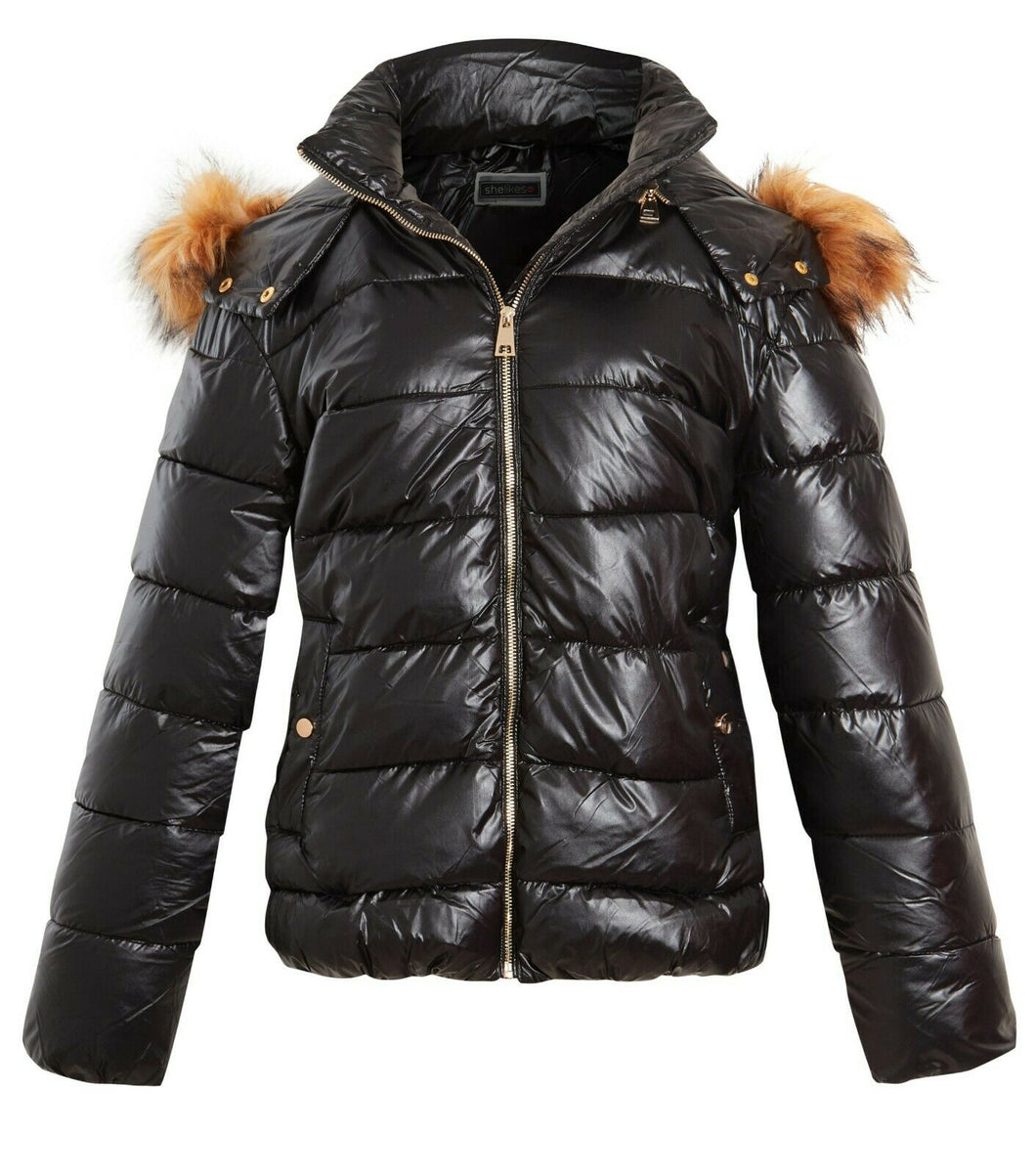 Womens Ladies Puffer Jacket Wet Look Faux Fur Coat - Black