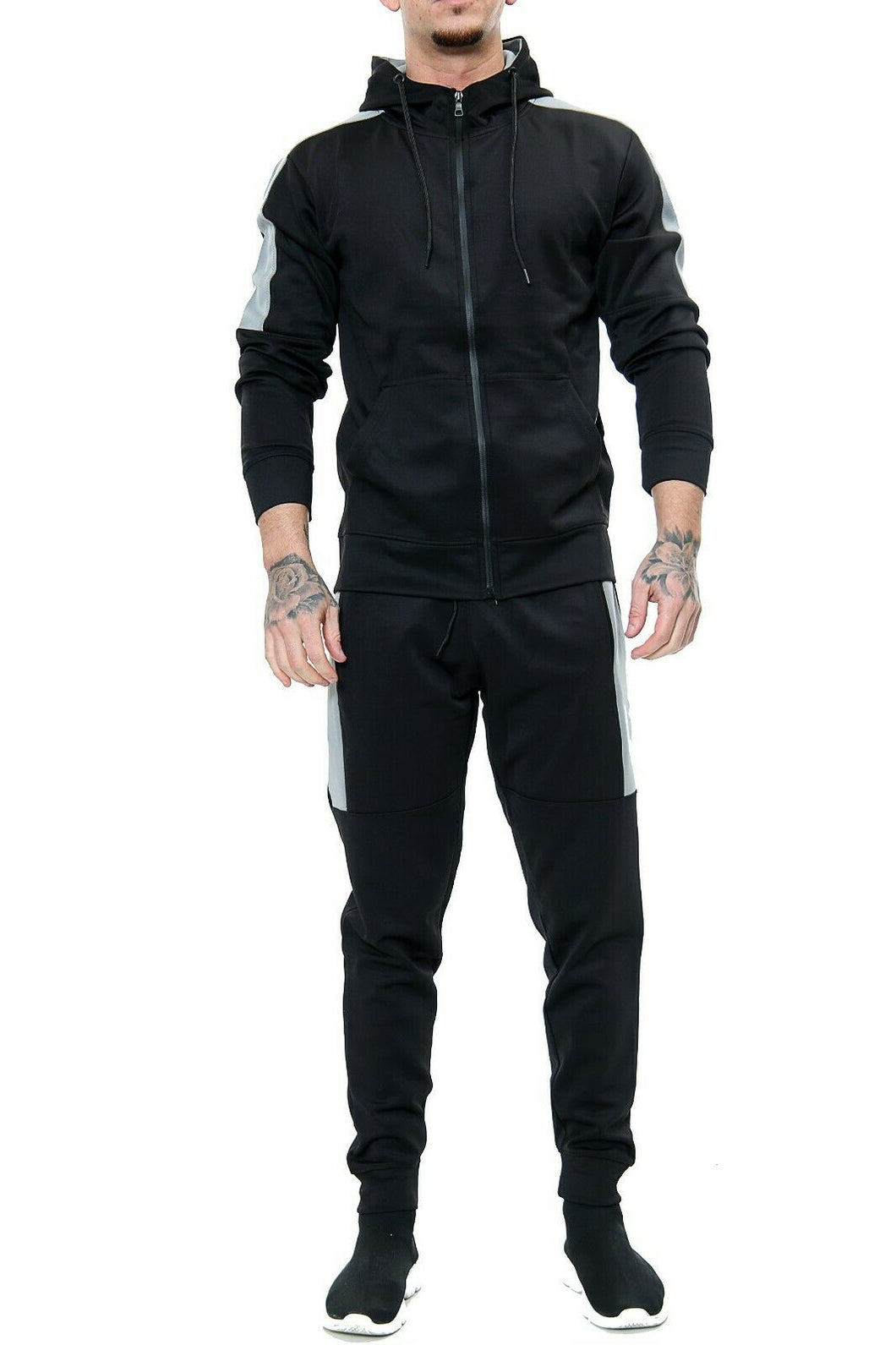 Mens Tracksuit Zip Up Hoodie Slim Fit Pants Set - Black Panel