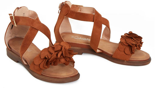 Ladies Open Summer Flower Comfortable Toe Shoes - Camel