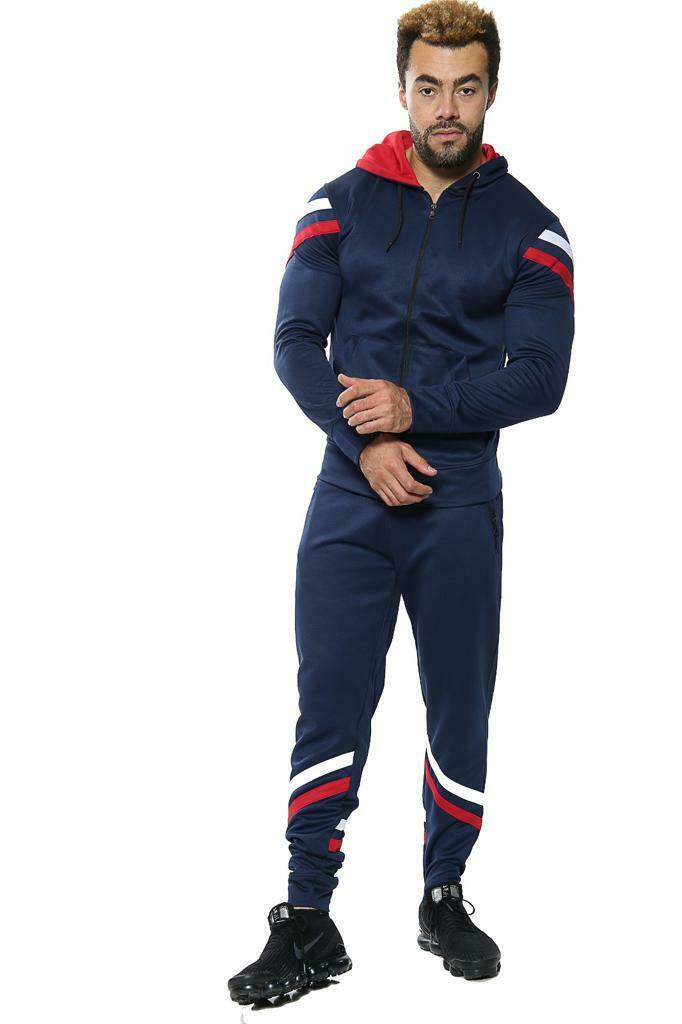 Mens Tracksuit Zip Up Hoodie Slim Fit Pants Set - Navy (AV20-K)