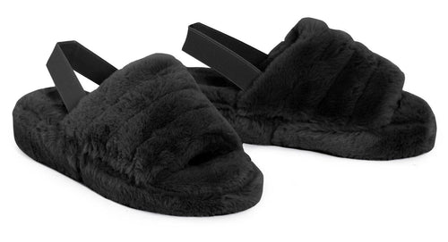 Womens Fluffy Faux Fur Peep Toe Slipper - Black