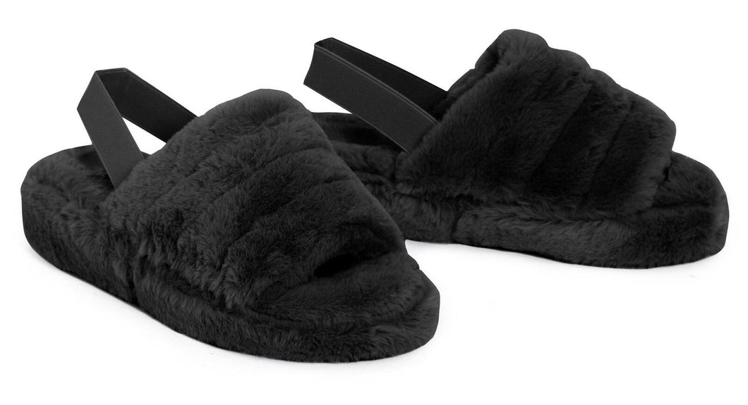 Womens Fluffy Faux Fur Peep Toe Slipper - Black