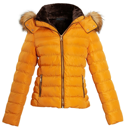 Shelikes Womens Faux Fur Hooded Zip Up Jacket - Mustard