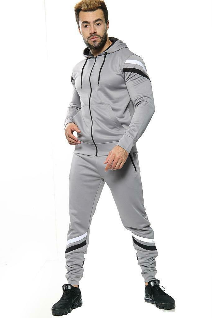 Mens Tracksuit Zip Up Hoodie Slim Fit Pants Set - Grey Panel