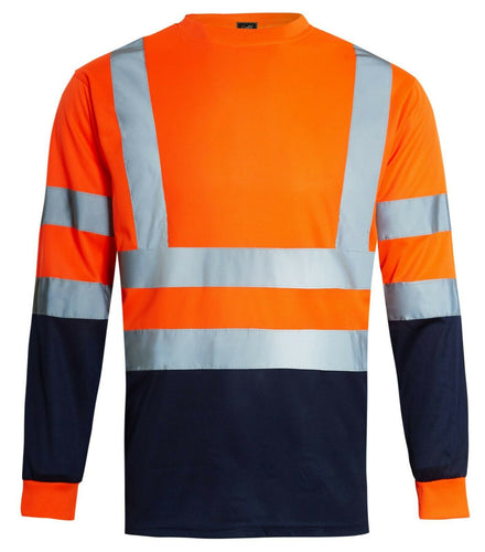 Hi Vis Viz Visibility Long Sleeve Round Neck T-Shirt Polo Safety Work Shirts, Orange/Navy