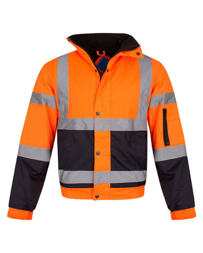 Hi Vis Visibility Bomber Workwear Security Hooded Waterproof Jacket - Orange/Navy